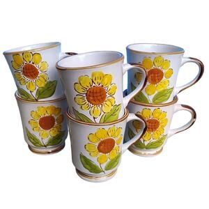 Vintage Sunflower Mugs Set Of 6 Norleans Stoneware Korea